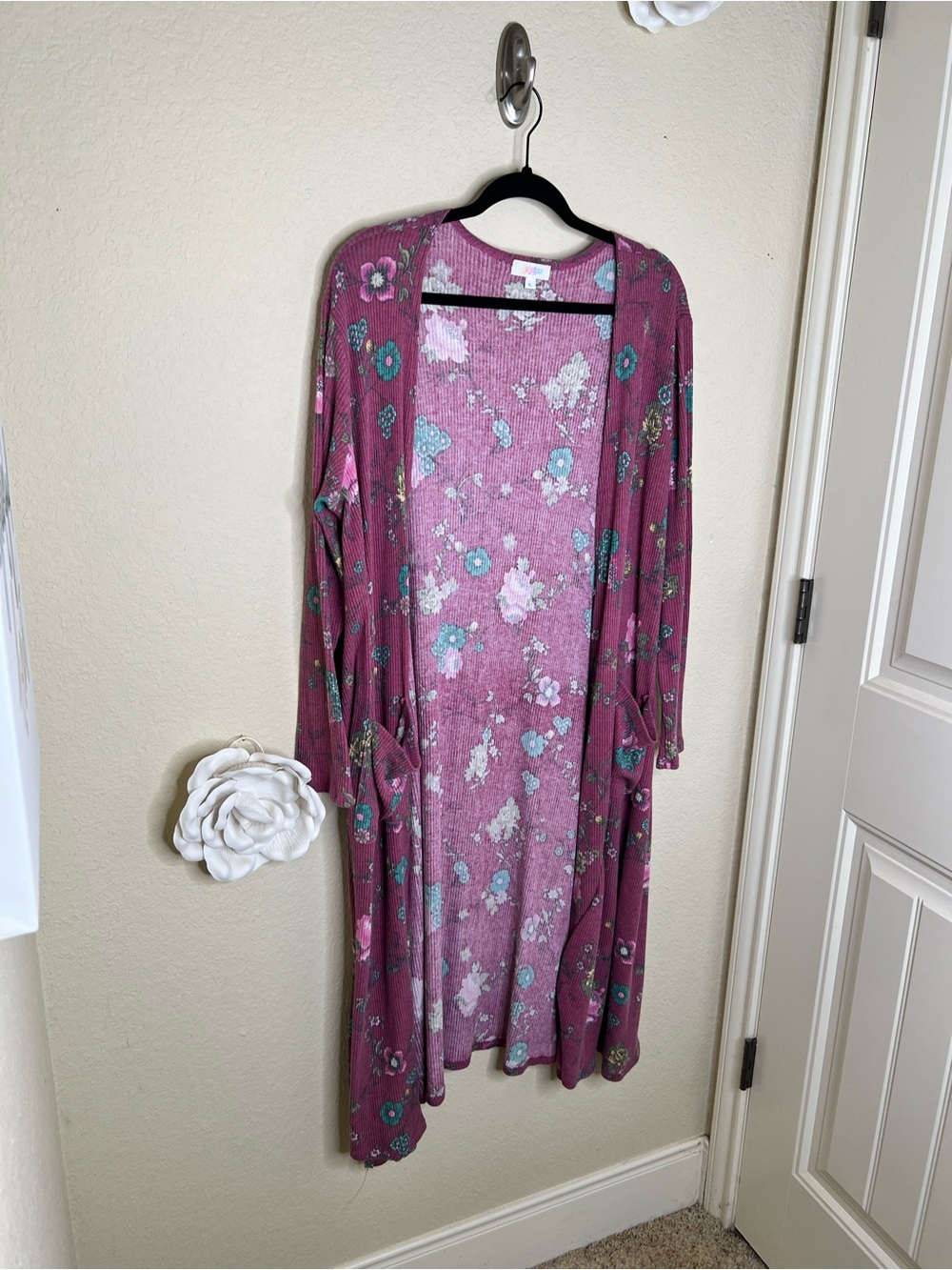 NTM: LuLaRoe Sarah Floral Duster Cardigan Large Pink Ribbed Open Front Pocketed - Picture 6 of 13